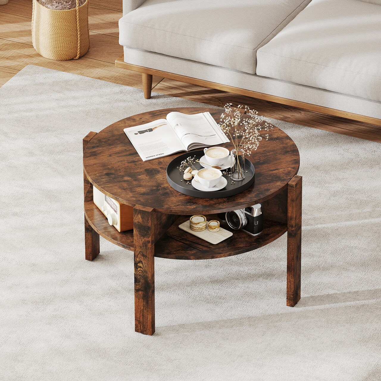 29.5 Inch Round Coffee Table with Storage Shelves for Small Living Spaces